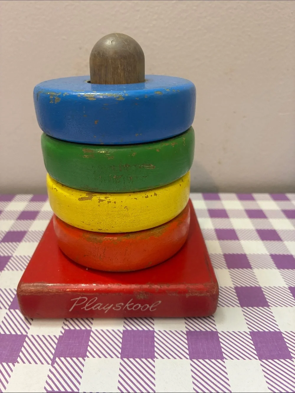 Vintage Playskool Wooden Ring Stacker & Pull-Along Cart - Grasshopper